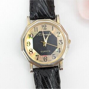Vintage Lt. Bernard Holographic Black Gold Women's Leather Watch